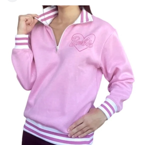 Barbie Tops - Barbie Pink and White Striped Collar 1/4 zip sweat shirt size L